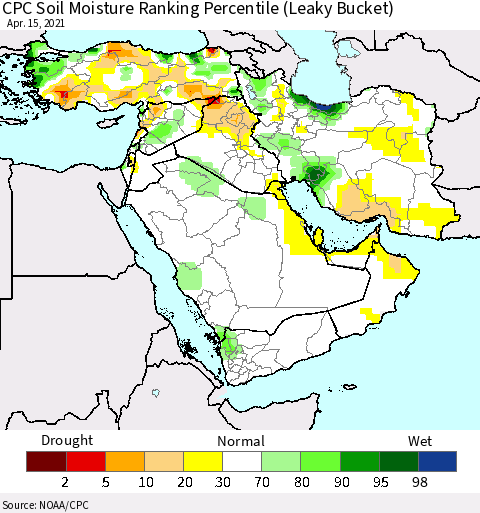 Middle East and Turkey CPC Soil Moisture Ranking Percentile (Leaky Bucket) Thematic Map For 4/11/2021 - 4/15/2021