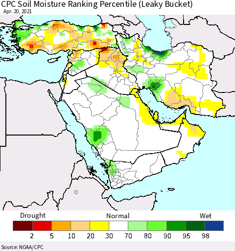 Middle East and Turkey CPC Soil Moisture Ranking Percentile (Leaky Bucket) Thematic Map For 4/16/2021 - 4/20/2021