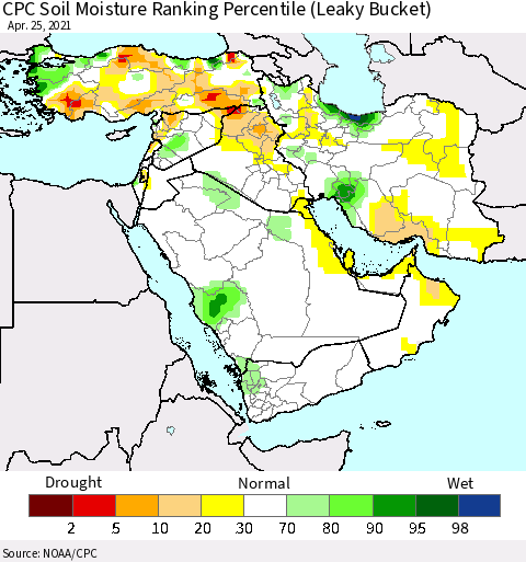 Middle East and Turkey CPC Soil Moisture Ranking Percentile (Leaky Bucket) Thematic Map For 4/21/2021 - 4/25/2021