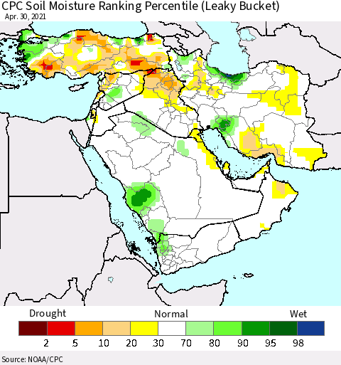 Middle East and Turkey CPC Soil Moisture Ranking Percentile (Leaky Bucket) Thematic Map For 4/26/2021 - 4/30/2021