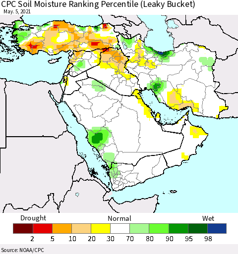 Middle East and Turkey CPC Soil Moisture Ranking Percentile (Leaky Bucket) Thematic Map For 5/1/2021 - 5/5/2021