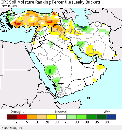 Middle East and Turkey CPC Soil Moisture Ranking Percentile (Leaky Bucket) Thematic Map For 5/11/2021 - 5/15/2021