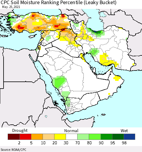 Middle East and Turkey CPC Soil Moisture Ranking Percentile (Leaky Bucket) Thematic Map For 5/21/2021 - 5/25/2021