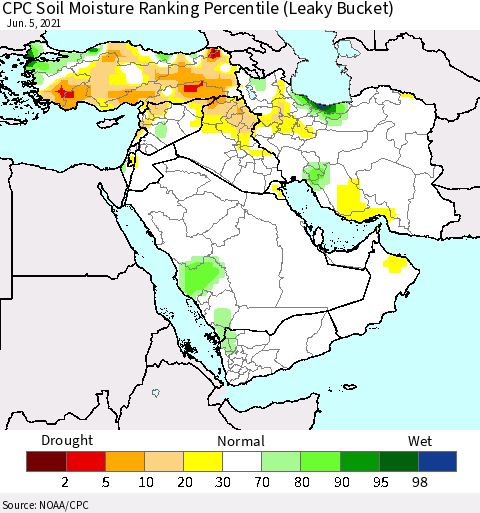 Middle East and Turkey CPC Soil Moisture Ranking Percentile (Leaky Bucket) Thematic Map For 6/1/2021 - 6/5/2021