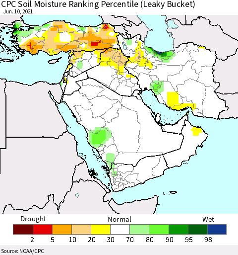 Middle East and Turkey CPC Soil Moisture Ranking Percentile (Leaky Bucket) Thematic Map For 6/6/2021 - 6/10/2021