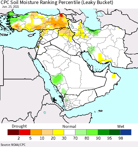 Middle East and Turkey CPC Soil Moisture Ranking Percentile (Leaky Bucket) Thematic Map For 6/21/2021 - 6/25/2021