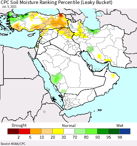 Middle East and Turkey CPC Soil Moisture Ranking Percentile (Leaky Bucket) Thematic Map For 7/1/2021 - 7/5/2021