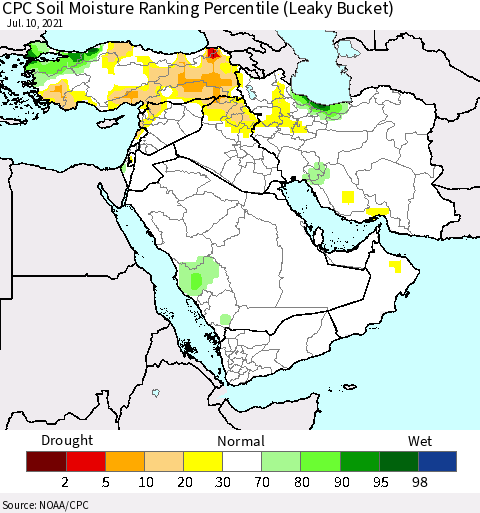Middle East and Turkey CPC Soil Moisture Ranking Percentile (Leaky Bucket) Thematic Map For 7/6/2021 - 7/10/2021
