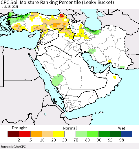 Middle East and Turkey CPC Soil Moisture Ranking Percentile (Leaky Bucket) Thematic Map For 7/11/2021 - 7/15/2021