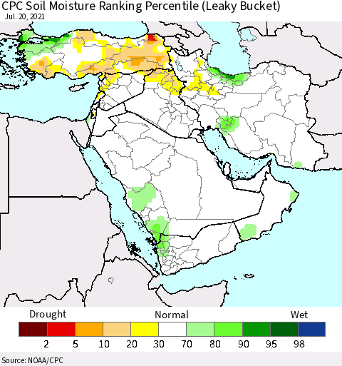 Middle East and Turkey CPC Soil Moisture Ranking Percentile (Leaky Bucket) Thematic Map For 7/16/2021 - 7/20/2021