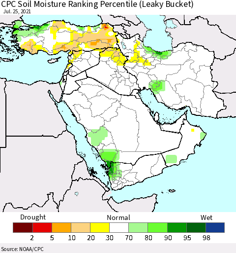 Middle East and Turkey CPC Soil Moisture Ranking Percentile (Leaky Bucket) Thematic Map For 7/21/2021 - 7/25/2021