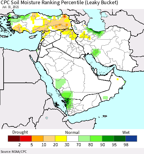 Middle East and Turkey CPC Soil Moisture Ranking Percentile (Leaky Bucket) Thematic Map For 7/26/2021 - 7/31/2021
