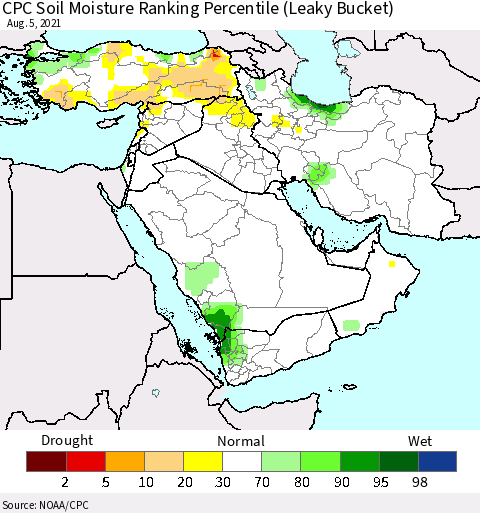 Middle East and Turkey CPC Soil Moisture Ranking Percentile (Leaky Bucket) Thematic Map For 8/1/2021 - 8/5/2021