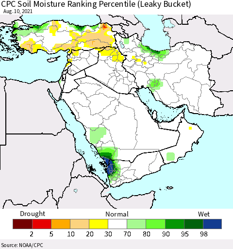 Middle East and Turkey CPC Soil Moisture Ranking Percentile (Leaky Bucket) Thematic Map For 8/6/2021 - 8/10/2021