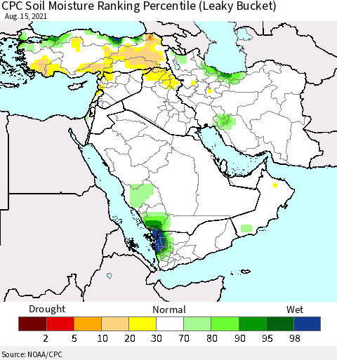 Middle East and Turkey CPC Soil Moisture Ranking Percentile (Leaky Bucket) Thematic Map For 8/11/2021 - 8/15/2021