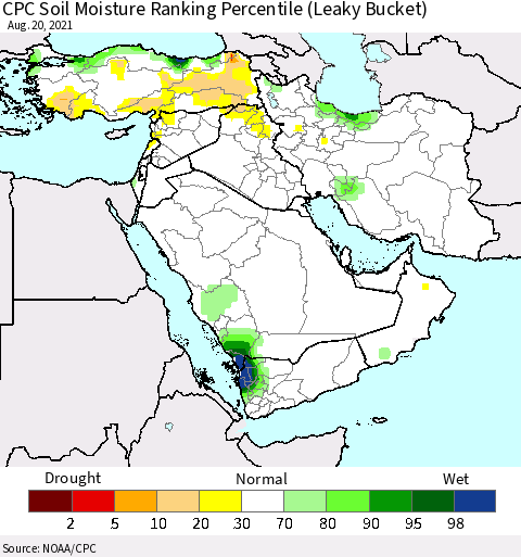 Middle East and Turkey CPC Soil Moisture Ranking Percentile (Leaky Bucket) Thematic Map For 8/16/2021 - 8/20/2021