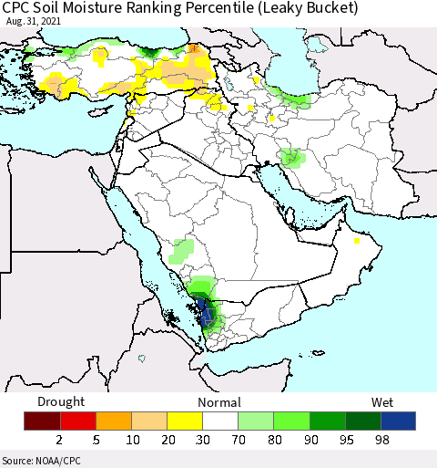 Middle East and Turkey CPC Soil Moisture Ranking Percentile (Leaky Bucket) Thematic Map For 8/26/2021 - 8/31/2021