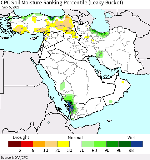 Middle East and Turkey CPC Soil Moisture Ranking Percentile (Leaky Bucket) Thematic Map For 9/1/2021 - 9/5/2021