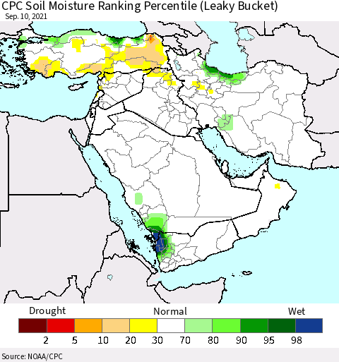 Middle East and Turkey CPC Soil Moisture Ranking Percentile (Leaky Bucket) Thematic Map For 9/6/2021 - 9/10/2021