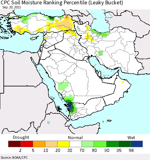 Middle East and Turkey CPC Soil Moisture Ranking Percentile (Leaky Bucket) Thematic Map For 9/16/2021 - 9/20/2021