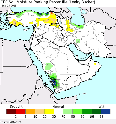 Middle East and Turkey CPC Soil Moisture Ranking Percentile (Leaky Bucket) Thematic Map For 9/21/2021 - 9/25/2021