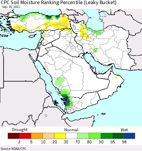 Middle East and Turkey CPC Soil Moisture Ranking Percentile (Leaky Bucket) Thematic Map For 9/26/2021 - 9/30/2021