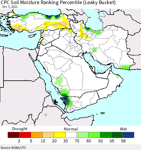 Middle East and Turkey CPC Soil Moisture Ranking Percentile (Leaky Bucket) Thematic Map For 10/1/2021 - 10/5/2021