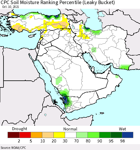 Middle East and Turkey CPC Soil Moisture Ranking Percentile (Leaky Bucket) Thematic Map For 10/6/2021 - 10/10/2021
