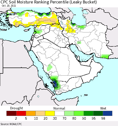 Middle East and Turkey CPC Soil Moisture Ranking Percentile (Leaky Bucket) Thematic Map For 10/16/2021 - 10/20/2021