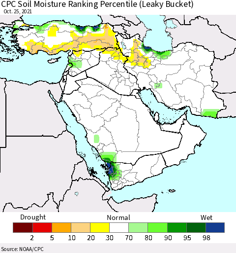 Middle East and Turkey CPC Soil Moisture Ranking Percentile (Leaky Bucket) Thematic Map For 10/21/2021 - 10/25/2021