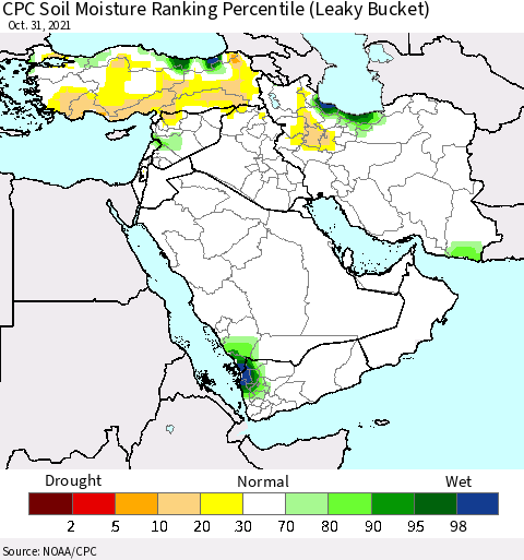 Middle East and Turkey CPC Soil Moisture Ranking Percentile (Leaky Bucket) Thematic Map For 10/26/2021 - 10/31/2021