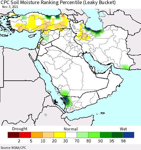 Middle East and Turkey CPC Soil Moisture Ranking Percentile (Leaky Bucket) Thematic Map For 11/1/2021 - 11/5/2021