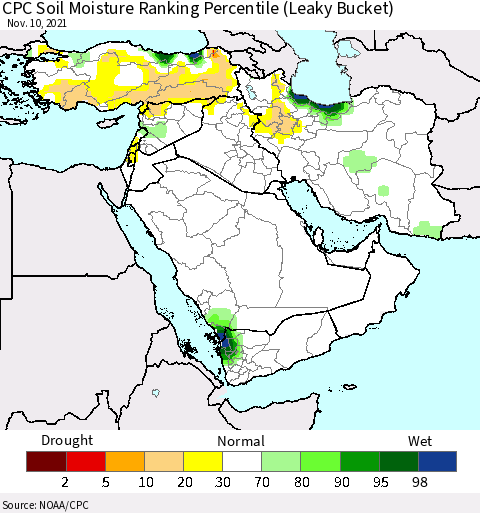 Middle East and Turkey CPC Soil Moisture Ranking Percentile (Leaky Bucket) Thematic Map For 11/6/2021 - 11/10/2021