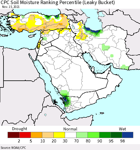 Middle East and Turkey CPC Soil Moisture Ranking Percentile (Leaky Bucket) Thematic Map For 11/11/2021 - 11/15/2021