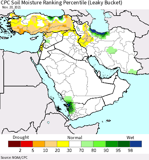 Middle East and Turkey CPC Soil Moisture Ranking Percentile (Leaky Bucket) Thematic Map For 11/16/2021 - 11/20/2021