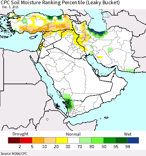Middle East and Turkey CPC Soil Moisture Ranking Percentile (Leaky Bucket) Thematic Map For 12/1/2021 - 12/5/2021