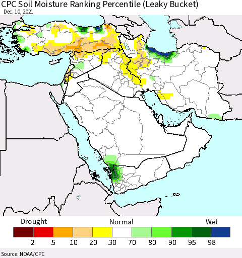 Middle East and Turkey CPC Soil Moisture Ranking Percentile (Leaky Bucket) Thematic Map For 12/6/2021 - 12/10/2021