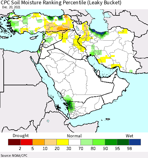 Middle East and Turkey CPC Soil Moisture Ranking Percentile (Leaky Bucket) Thematic Map For 12/16/2021 - 12/20/2021