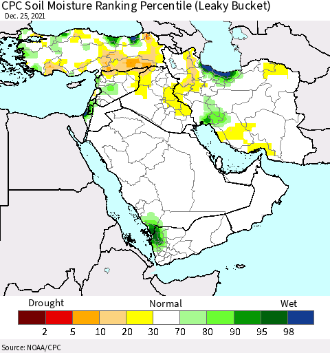 Middle East and Turkey CPC Soil Moisture Ranking Percentile (Leaky Bucket) Thematic Map For 12/21/2021 - 12/25/2021