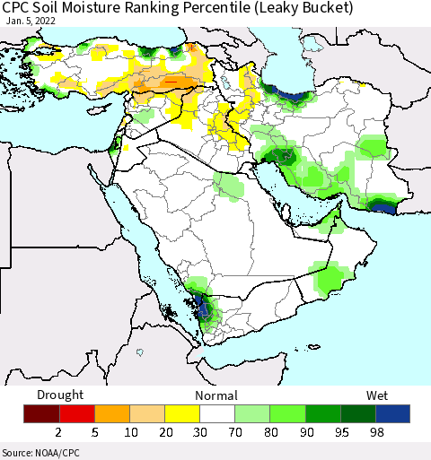 Middle East and Turkey CPC Soil Moisture Ranking Percentile (Leaky Bucket) Thematic Map For 1/1/2022 - 1/5/2022