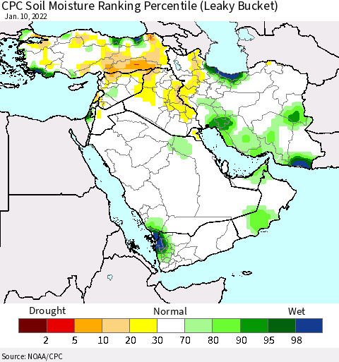 Middle East and Turkey CPC Soil Moisture Ranking Percentile (Leaky Bucket) Thematic Map For 1/6/2022 - 1/10/2022