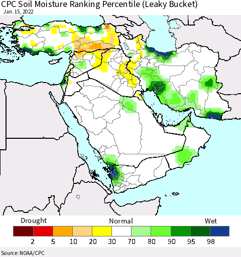 Middle East and Turkey CPC Soil Moisture Ranking Percentile (Leaky Bucket) Thematic Map For 1/11/2022 - 1/15/2022