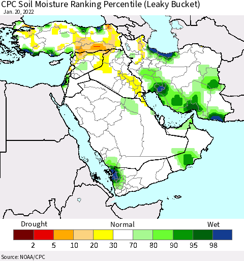 Middle East and Turkey CPC Soil Moisture Ranking Percentile (Leaky Bucket) Thematic Map For 1/16/2022 - 1/20/2022