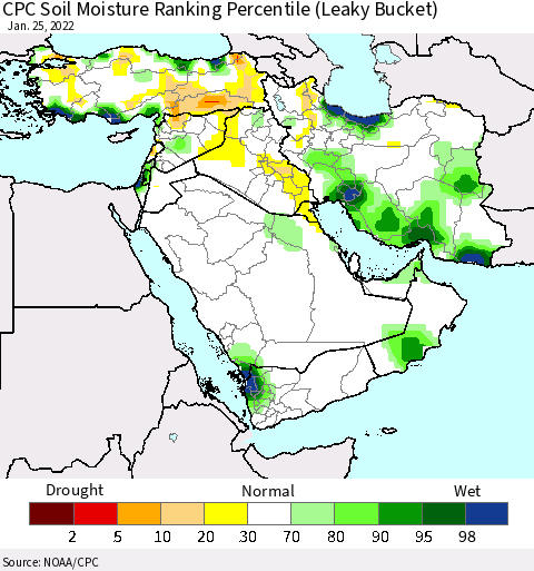 Middle East and Turkey CPC Soil Moisture Ranking Percentile (Leaky Bucket) Thematic Map For 1/21/2022 - 1/25/2022