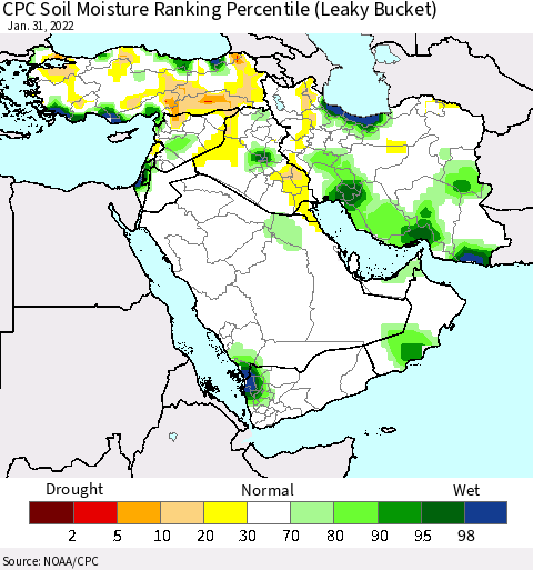 Middle East and Turkey CPC Soil Moisture Ranking Percentile (Leaky Bucket) Thematic Map For 1/26/2022 - 1/31/2022
