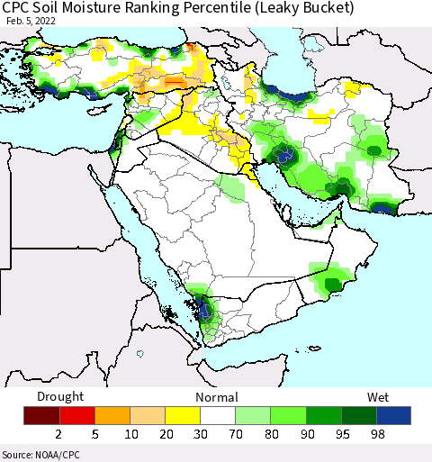 Middle East and Turkey CPC Soil Moisture Ranking Percentile (Leaky Bucket) Thematic Map For 2/1/2022 - 2/5/2022