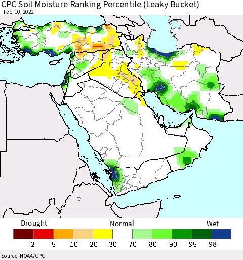 Middle East and Turkey CPC Soil Moisture Ranking Percentile (Leaky Bucket) Thematic Map For 2/6/2022 - 2/10/2022