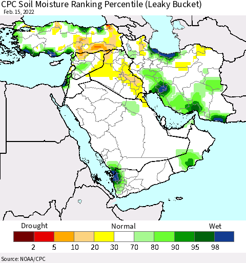 Middle East and Turkey CPC Soil Moisture Ranking Percentile (Leaky Bucket) Thematic Map For 2/11/2022 - 2/15/2022