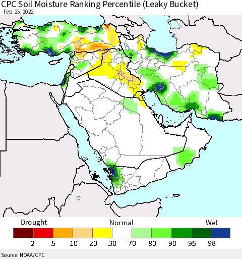 Middle East and Turkey CPC Soil Moisture Ranking Percentile (Leaky Bucket) Thematic Map For 2/21/2022 - 2/25/2022