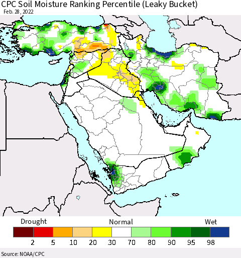 Middle East and Turkey CPC Soil Moisture Ranking Percentile (Leaky Bucket) Thematic Map For 2/26/2022 - 2/28/2022